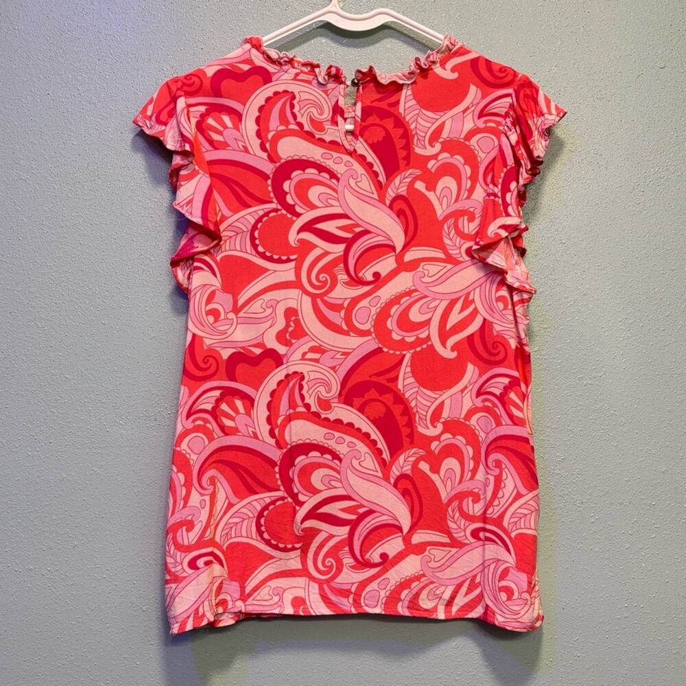 Emily Wonder Pink Ruffled Paisley Cap Sleeve Blouse with Peter Pan Collar Size S - Picture 4 of 7